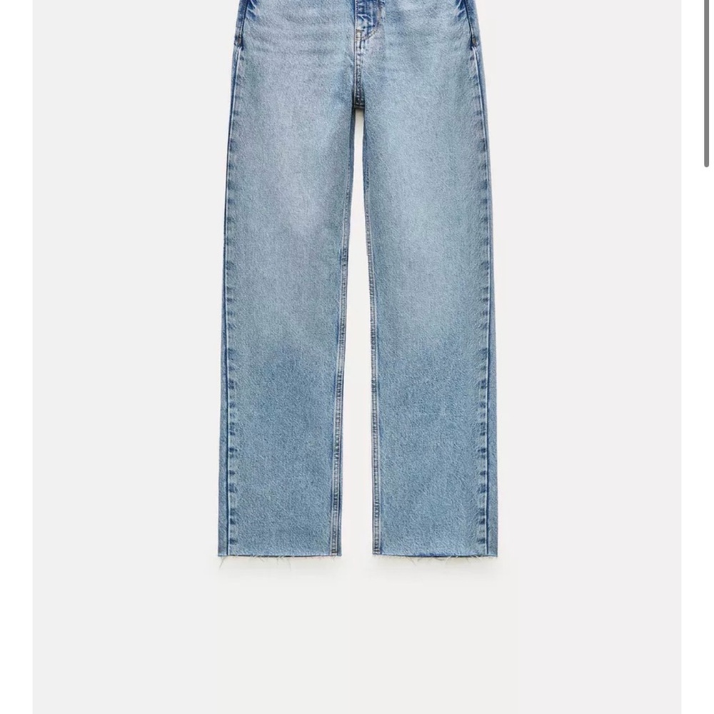 ZARA Z1975 High-Rise Straight-Leg Jeans in a classic mid-blue wash.